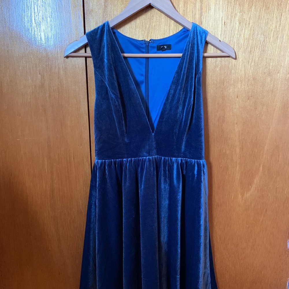 Powder slate blue velvet deep v dress. Lucca